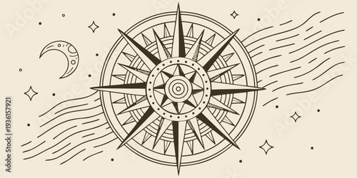 A stylized compass rose illustration is centered against a background featuring a crescent moon and flowing lines.