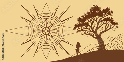 A hiker silhouette walks uphill near a large tree beside a prominent stylized compass rose illustration.