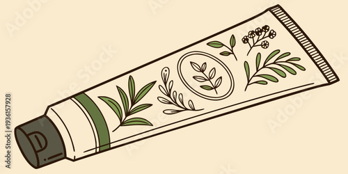 A simple cosmetic tube featuring natural green botanical illustrations is presented diagonally on a pale background.