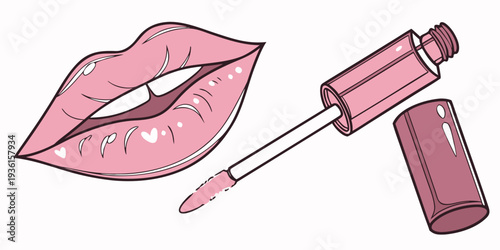 Glossy pink lips are paired with an open tube of liquid lip gloss and applicator on a white background for beauty concepts.