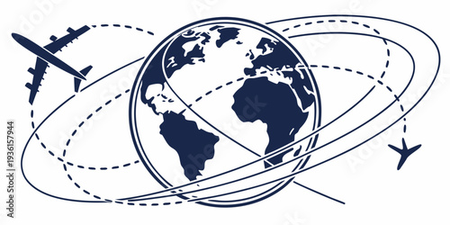 Multiple airplanes follow curved dotted flight paths around a central dark blue Earth diagram illustrating worldwide circulation.