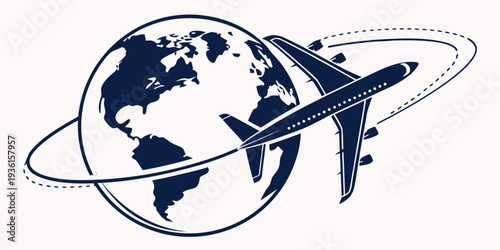 Airplane circles the globe icon with a solid dark blue silhouette representing international air travel logistics.