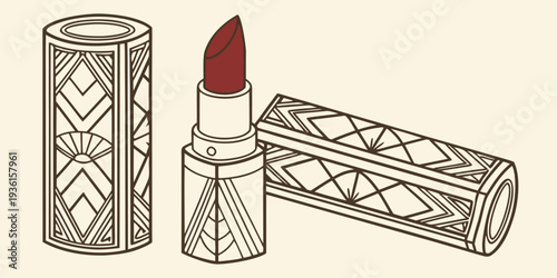 Art Deco style lipstick tube with deep red product shown open next to its decorated cap on a light background.