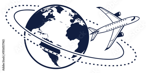 A single commercial jet airplane orbits a stylized Earth graphic, emphasizing global connectivity through air routes.