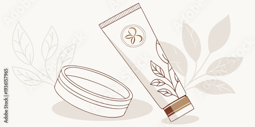 Cosmetic cream tube and open jar rest against a neutral background with faint botanical outlines for product branding.