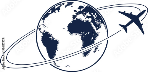 Silhouette of an airplane orbiting the Earth globe suggesting international travel and global logistics services.