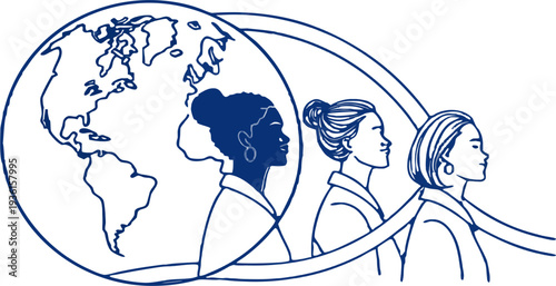 Diverse group of women in profile stand before a simplified world map illustration representing global partnership and unity.