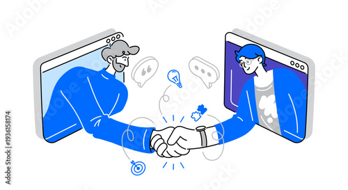 two businessman characters making deal digital handshake illustration