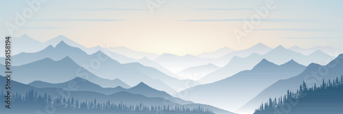 Sunrise in the mountains, ridges in the morning light, minimalistic landscape, vector illustration