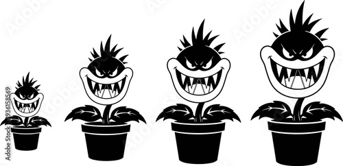 Set of Four Cartoon Carnivorous Plants in Pots, Growing and Changing Size, with Sharp Teeth and Evil Grins, Black and White Vector Illustration