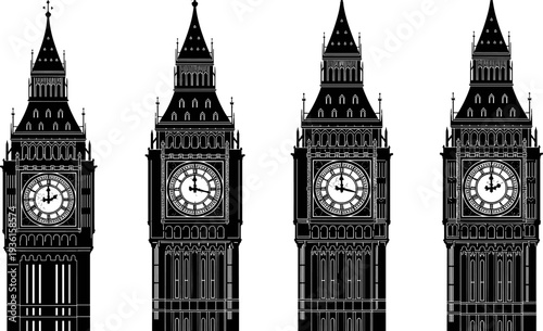 Set of Four Big Ben Clock Tower Silhouettes, Featuring the Iconic Gothic Architecture of the Palace of Westminster, Representing London, Time, and British Landmarks