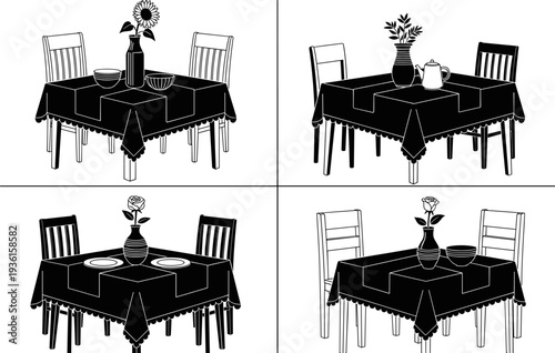 Set of Four Dining Table Illustrations, Featuring Formal and Casual Place Settings with Chairs, Tablecloths, Vases, Bowls, Dishes, and Floral Centerpieces