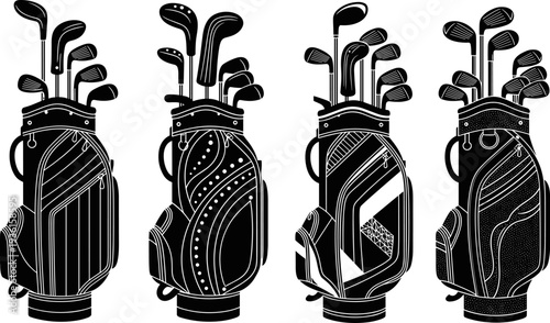 Set of Four Golf Bags Filled with a Collection of Golf Clubs (Drivers, Irons, Putters), Showcasing Equipment for Sports, Leisure, and Professional Tournaments
