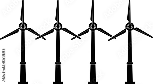Set of Four Large-Scale Wind Turbines Vector Icons, featuring Black Silhouette Illustrations of Renewable Energy Generators for Sustainable Power Production and Clean Electricity Generation