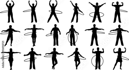 Set of hula hoop fitness silhouettes with men and women exercising, workout and dance poses, active lifestyle vector illustration isolated on white