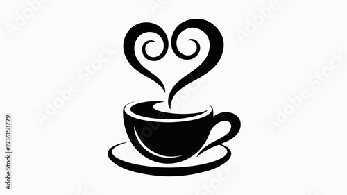 Elegant coffee cup silhouette with heart steam on saucer symbolizing love and warmth in a minimalist design