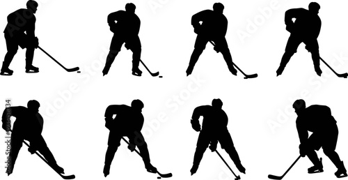 Set of ice hockey player silhouettes in action poses, black vector illustration for sports design, posters, logos, and branding, marketing advertising templates