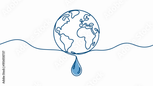 Minimalist continuous line drawing of earth with a single water droplet symbolizing global water conservation and sustainability