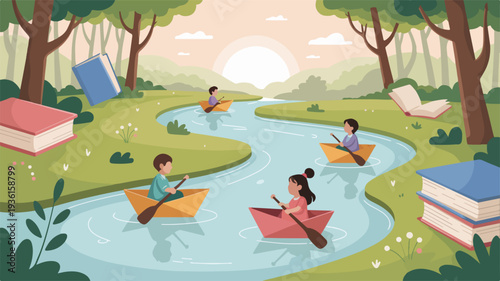 Children reading in colorful boats on a serene winding river with books scattered around a lush green landscape at sunset
