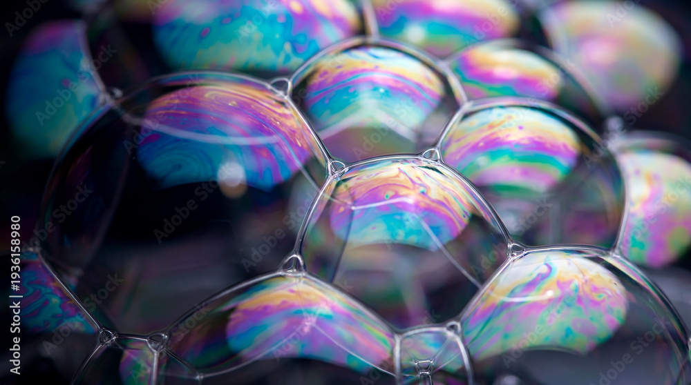 Fototapeta premium Iridescent soap bubble cluster macro texture abstract colorful background copy space on left