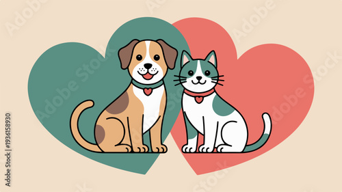 Cute cartoon dog and cat sitting together surrounded by green and red hearts on beige background symbolizing friendship and love between pets