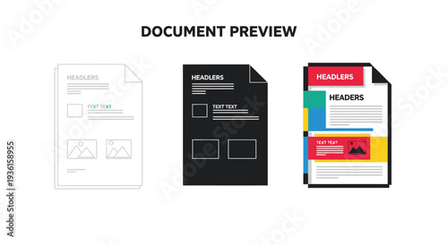 Set of three stylized document previews illustrating different layout options for content presentation in a graphic design context