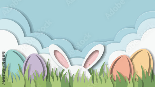 Easter bunny ears peek out from behind colorful eggs in grass with clouds and blue sky