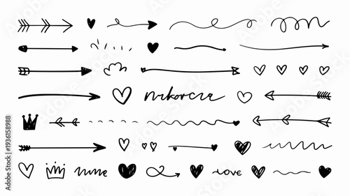 Hand drawn marker underline set with arrows hearts and love symbols in black on white background for design and decoration