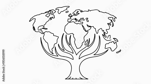 Minimalist black and white outline illustration of tree with globe for earthy eco friendly concepts and environmental designs
