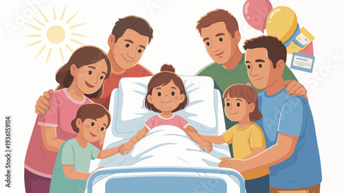 A happy family surrounds a smiling young girl in a hospital bed with sun and balloons