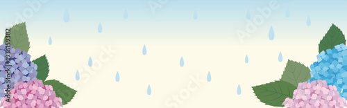 日本の梅雨：雨に濡れるあじさいのフレーム。6月の季節行事、雨の日、初夏のイメージ背景