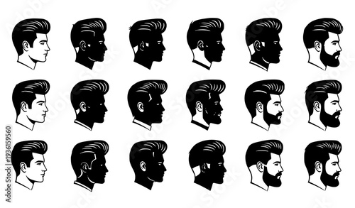 Pompadour Hairstyle Silhouette Set – Trendy Men Haircut Profile Collection Vector