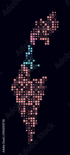 Israel, shape of the country build of colored cells. Digital style map of the Israel on dark background. Small size square blocks. Classy vector illustration.