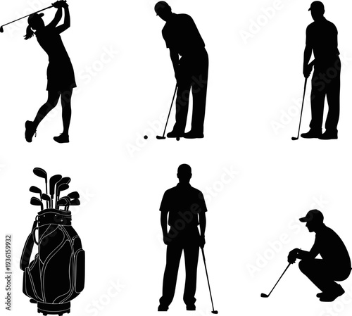 Set of Male and Female Golfers and Golf Bag Silhouette for Recreational Sport, Putter, Pitching, and Swing Action Isolated on White Background Vector Illustration
