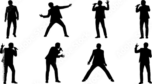 Set of Male Singers and Performers in Suits Holding Microphones Showing Various Dynamic Stage Poses for Live Concert, Music Event, and Entertainment Vector Illustration