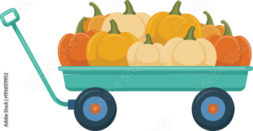 Teal Wagon Filled with Orange and Cream Pumpkins Minimal Flat Vector Illustration