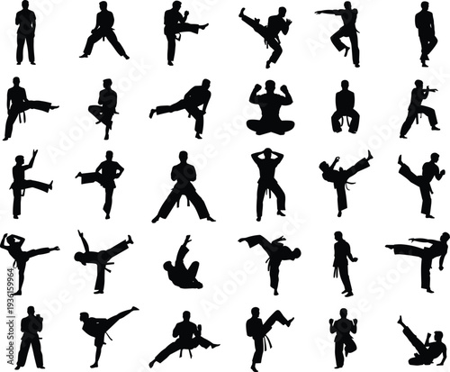 Set of martial arts fighter silhouette vector illustration, karate kick poses, taekwondo training action, combat movement, fitness exercise, sport activity design