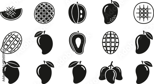 Set of mango fruit vector icons and silhouettes, black illustration collection showing whole, sliced, and patterned mangoes for food branding, packaging, and design use