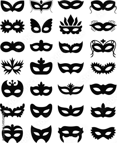 PrintSet of masquerade carnival mask vector icons collection, black silhouette illustration, party disguise, costume design, festival accessory, celebration element, fashion decoration