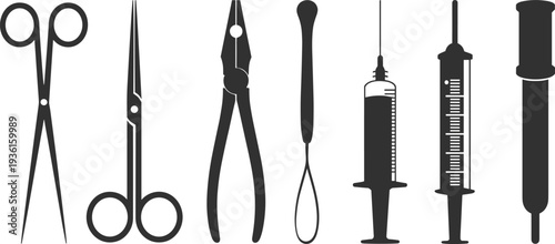 Set of medical and surgical instruments silhouette vector illustration, scissors, syringe, pliers, and healthcare tools isolated on white background for hospital design