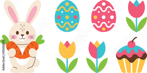 Easter Bunny Holding Carrots with Colorful Decorative Eggs Flowers and Cupcake Flat Illustration
