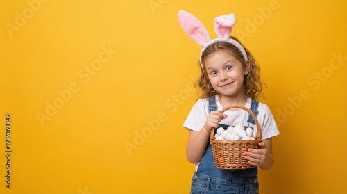 Small child wears bunny ears holding Easter basket.