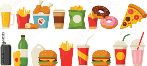 Fast Food and Beverage Icons Set with Burgers Fries Pizza Donuts Milkshakes Flat Illustration