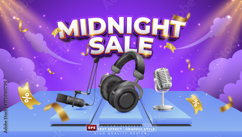 Editable 3d text effect midnight sale with product for banner template design