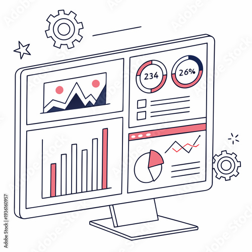 Modern computer monitor displaying various business data charts and graphs