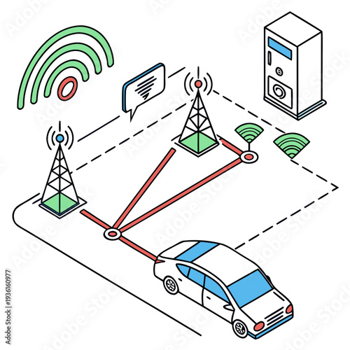 Connected car technology with wireless communication towers and server