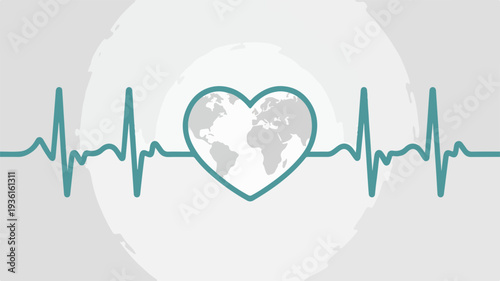 Eco friendly heart rate line with globe in heart on gray background symbolizing love and care for the planet