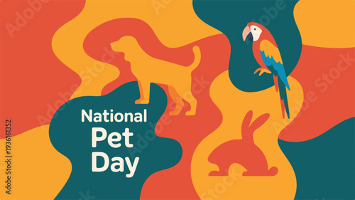 Vibrant national pet day social media post with dog parrot and rabbit silhouettes on colorful abstract background