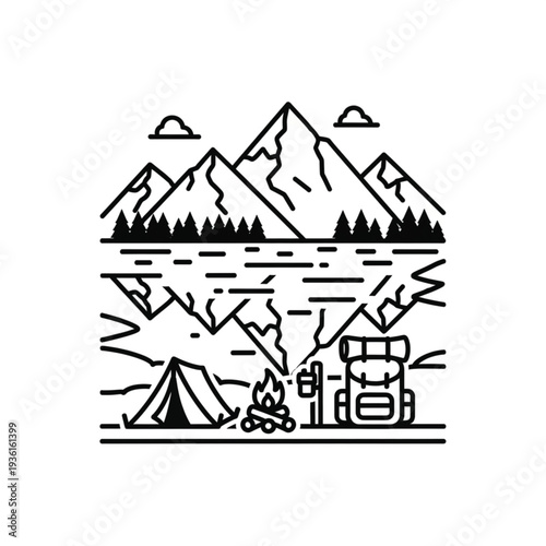 Camping by lake with mountains tent fire van.