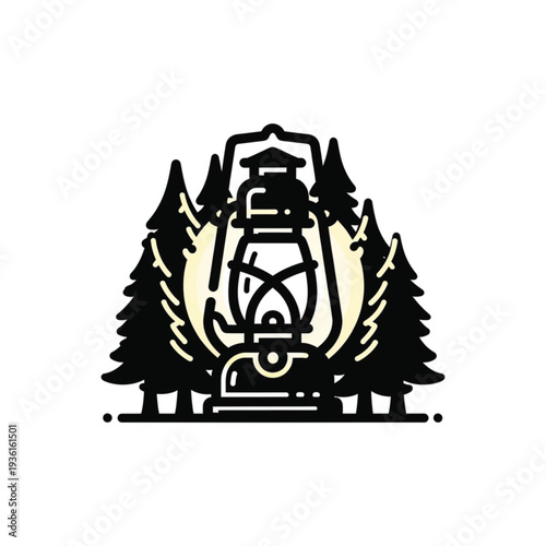 Lantern in forest silhouette logo design.